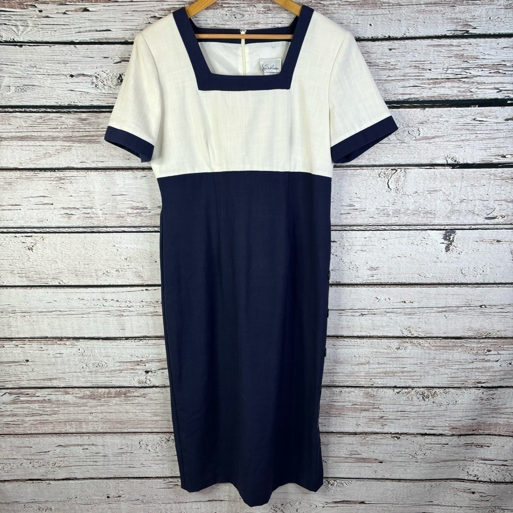 VINTAGE Via Sant Andrea 1980s Nautical Look Long Dress Size 14M Ivory Navy Rare!